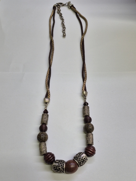 Chico's Jewelry - Chico's Chunky Bohemian Brown Wood & Silver-Tone Bead Necklace